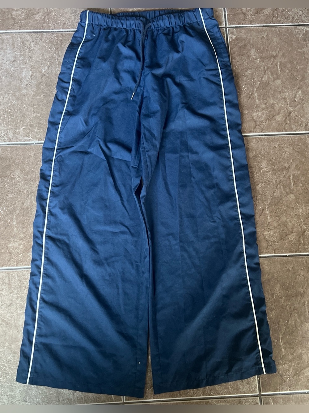 Navy Wide-Leg Track Pants with White Piping